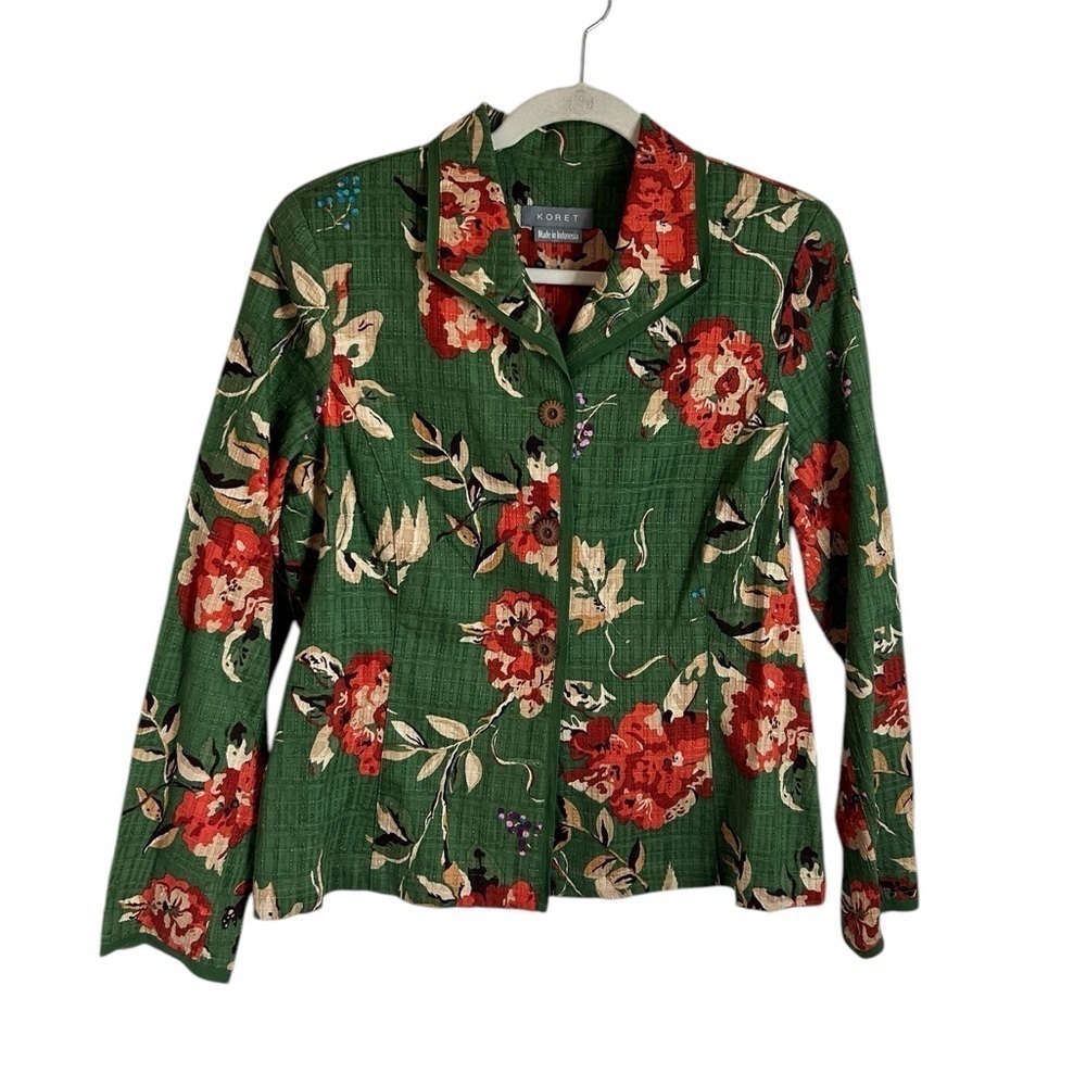 Koret Green Floral 100% Cotton Textured Blazer Jacket Cottagecore Womens Sz Med